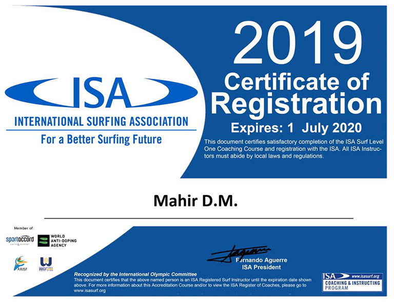 ISA certificate of instructor in No Worries Arugam Bay